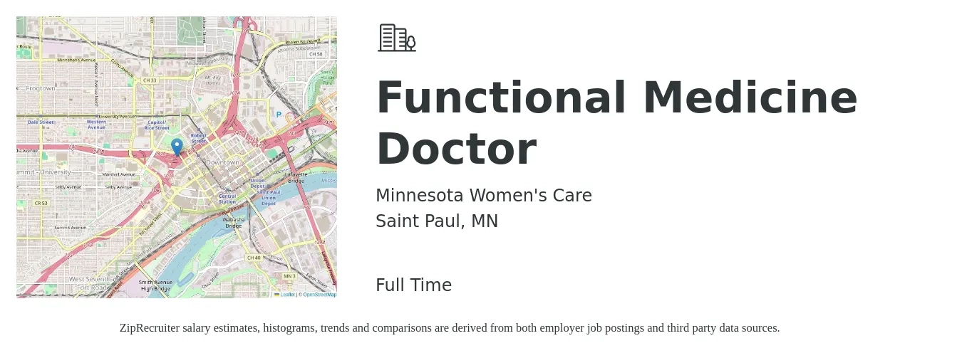 Minnesota Women's Care job posting for a Functional Medicine Doctor in Saint Paul, MN with a salary of $194,300 to $250,100 Yearly with a map of Saint Paul location.