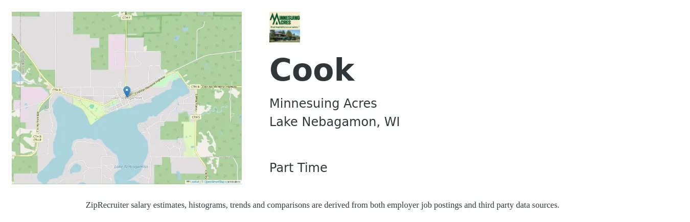 Minnesuing Acres job posting for a Cook in Lake Nebagamon, WI with a salary of $14 to $18 Hourly with a map of Lake Nebagamon location.