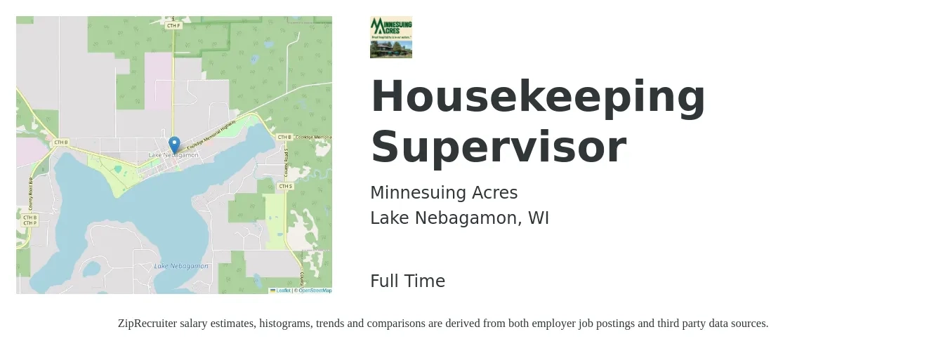 Minnesuing Acres job posting for a Housekeeping Supervisor in Lake Nebagamon, WI with a salary of $17 to $24 Hourly with a map of Lake Nebagamon location.