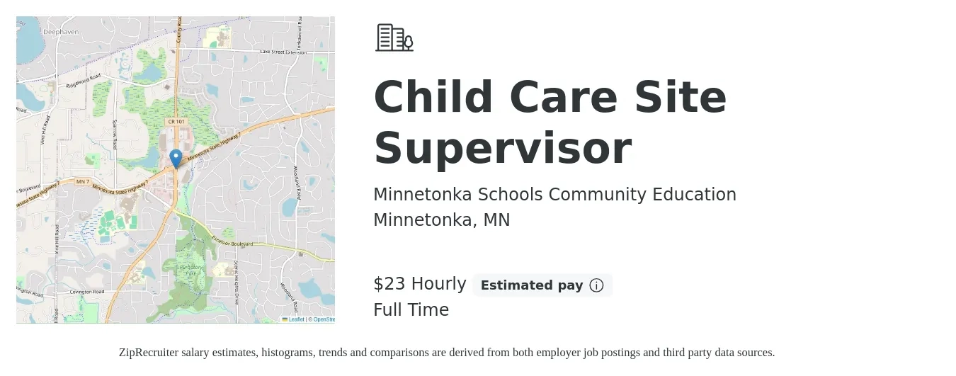 Minnetonka Schools Community Education job posting for a Child Care Site Supervisor in Minnetonka, MN with a salary of $25 Hourly with a map of Minnetonka location.