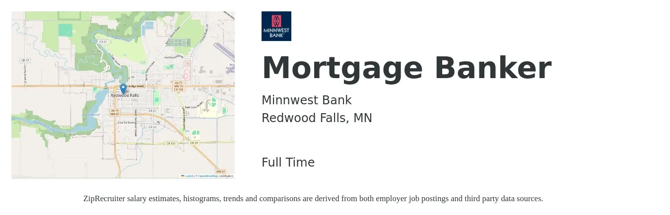 Minnwest Bank job posting for a Mortgage Banker in Redwood Falls, MN with a salary of $77,300 to $96,600 Yearly with a map of Redwood Falls location.