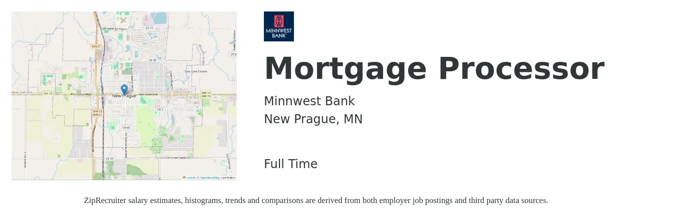 Minnwest Bank job posting for a Mortgage Processor in New Prague, MN with a salary of $38,700 to $53,300 Yearly with a map of New Prague location.