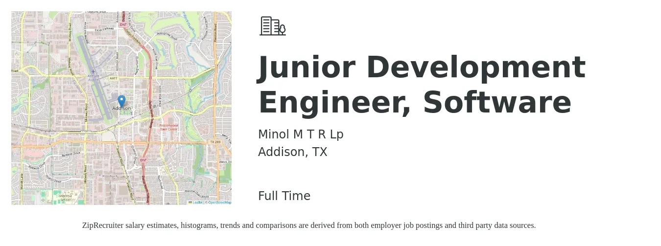 Minol M T R Lp job posting for a Junior Development Engineer, Software in Addison, TX with a salary of $70,700 to $92,400 Yearly with a map of Addison location.