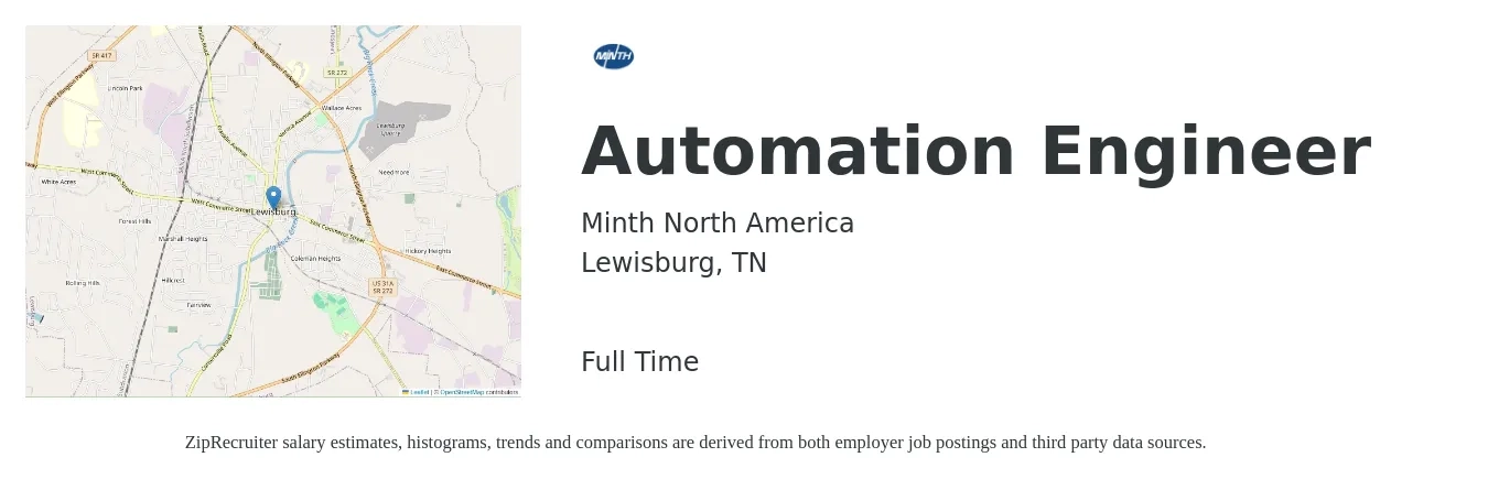 Minth North America job posting for a Automation Engineer in Lewisburg, TN with a salary of $79,200 to $113,100 Yearly with a map of Lewisburg location.