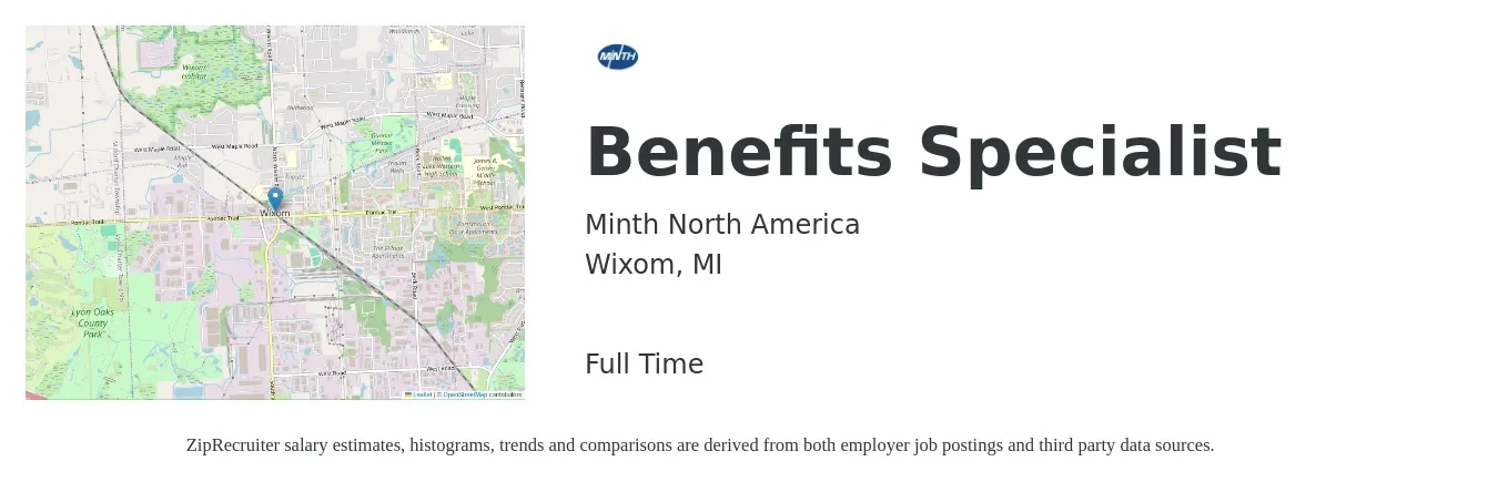 Minth North America job posting for a Benefits Specialist in Wixom, MI with a salary of $40,700 to $61,300 Yearly with a map of Wixom location.