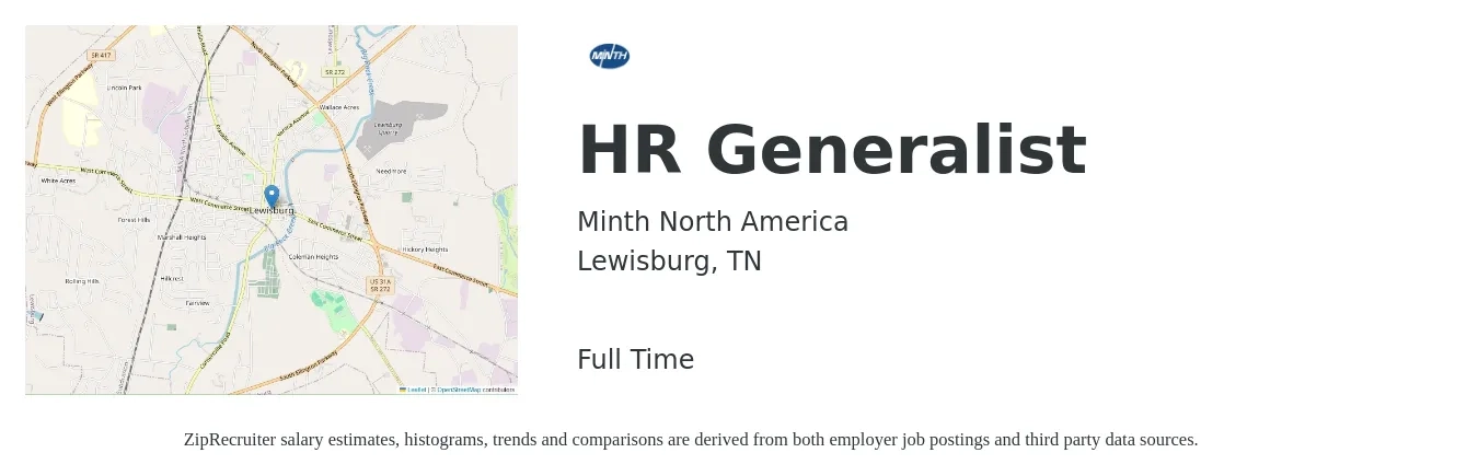 Minth North America job posting for a HR Generalist in Lewisburg, TN with a salary of $47,600 to $67,800 Yearly with a map of Lewisburg location.