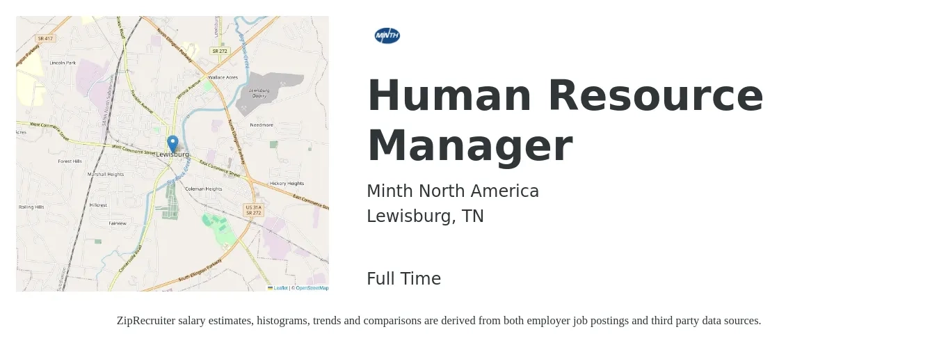 Minth North America job posting for a Human Resource Manager in Lewisburg, TN with a salary of $63,200 to $91,600 Yearly with a map of Lewisburg location.