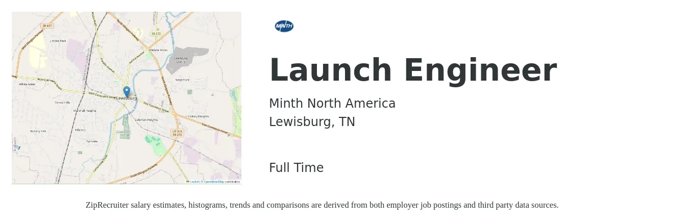 Minth North America job posting for a Launch Engineer in Lewisburg, TN with a salary of $65,000 to $104,800 Yearly with a map of Lewisburg location.