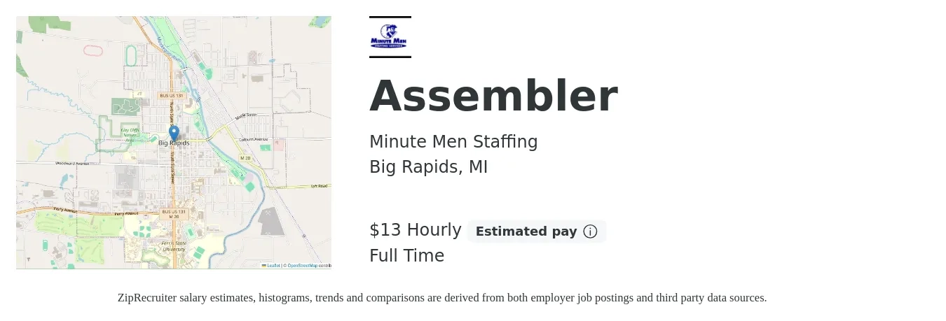 Minutemen Staffing job posting for a Assembler in Big Rapids, MI with a salary of $14 Hourly with a map of Big Rapids location.