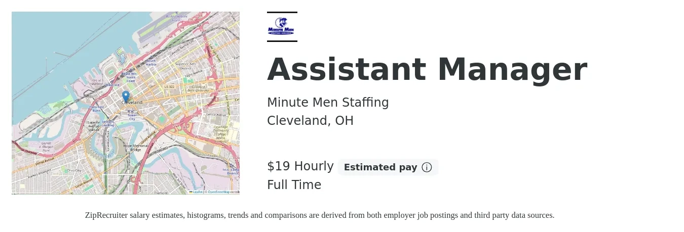Minutemen Staffing job posting for a Assistant Manager in Cleveland, OH with a salary of $20 Hourly with a map of Cleveland location.
