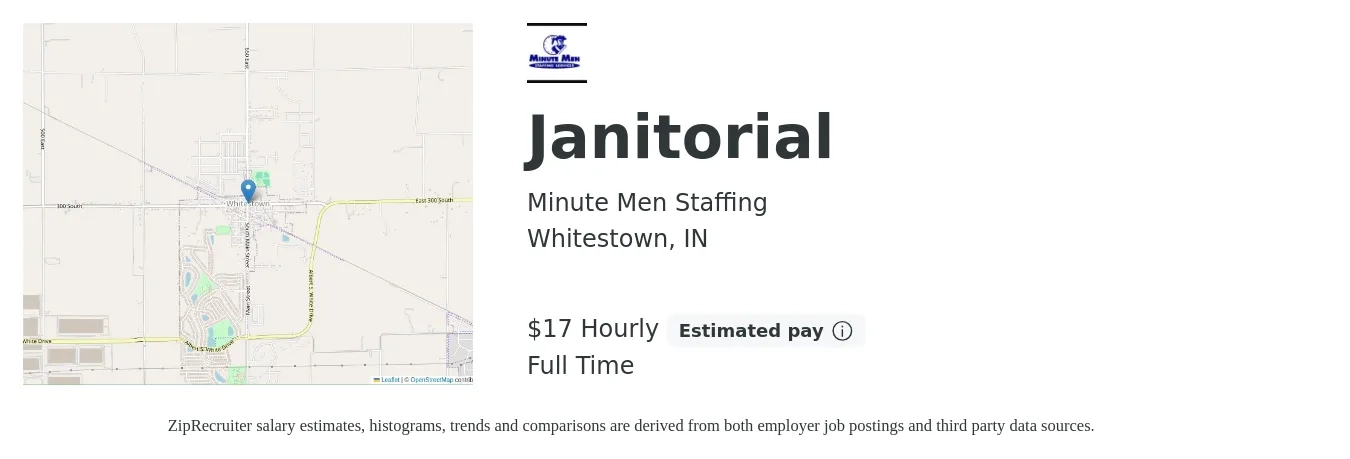 Minutemen Staffing job posting for a Janitorial in Whitestown, IN with a salary of $18 Hourly with a map of Whitestown location.