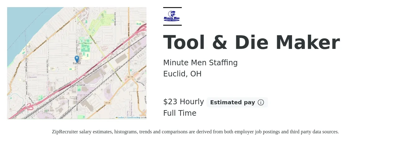 Minutemen Staffing job posting for a Tool & Die Maker in Euclid, OH with a salary of $24 Hourly with a map of Euclid location.
