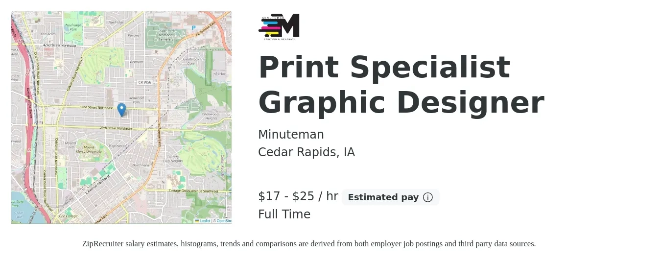 Minuteman job posting for a Print Specialist Graphic Designer in Cedar Rapids, IA with a salary of $18 to $27 Hourly with a map of Cedar Rapids location.