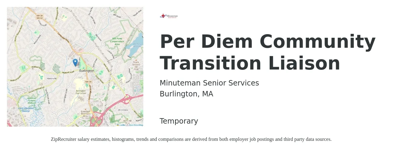 Minuteman Senior Services job posting for a Per Diem Community Transition Liaison in Burlington, MA with a salary of $21 to $34 Hourly with a map of Burlington location.