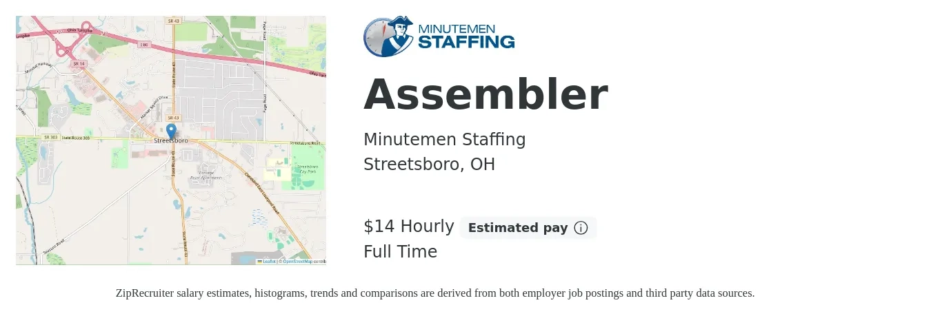 Minutemen Staffing job posting for a Assembler in Streetsboro, OH with a salary of $15 Hourly with a map of Streetsboro location.