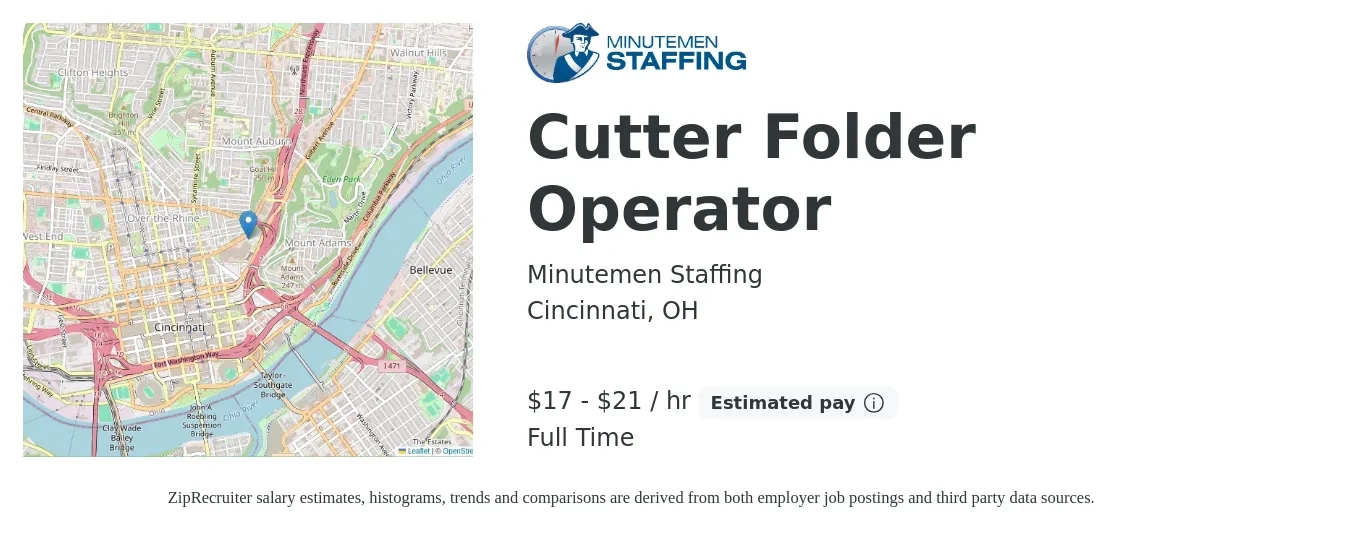 Minutemen Staffing job posting for a Cutter Folder Operator in Cincinnati, OH with a salary of $18 to $22 Hourly with a map of Cincinnati location.