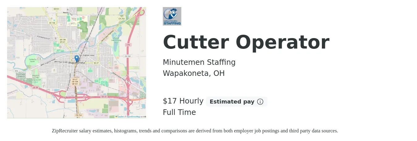 Minutemen Staffing job posting for a Cutter Operator in Wapakoneta, OH with a salary of $18 Hourly with a map of Wapakoneta location.