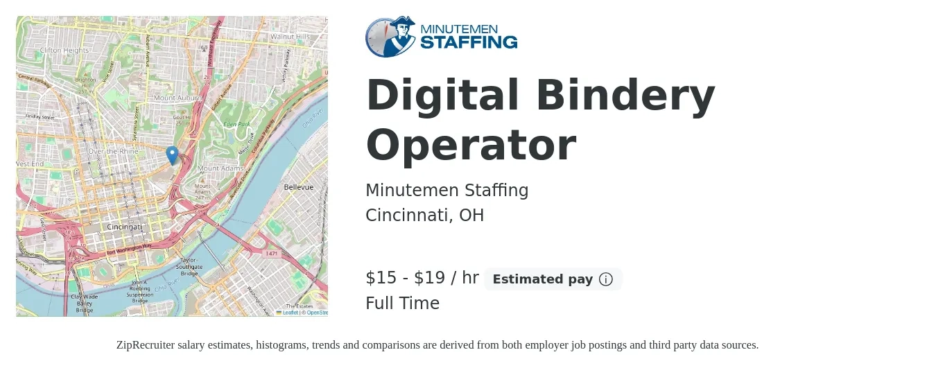 Minutemen Staffing job posting for a Digital Bindery Operator in Cincinnati, OH with a salary of $16 to $20 Hourly with a map of Cincinnati location.