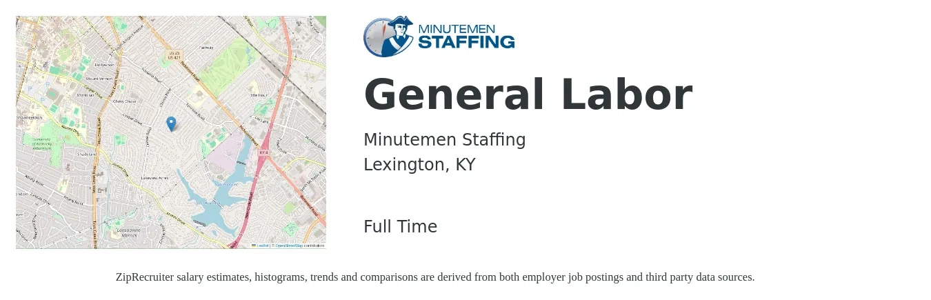 Minutemen Staffing job posting for a General Labor in Lexington, KY with a salary of $14 to $17 Hourly with a map of Lexington location.