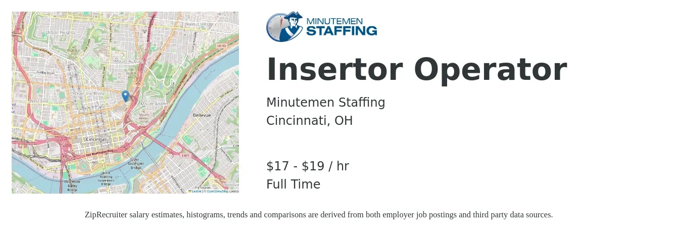 Minutemen Staffing job posting for a Insertor Operator in Cincinnati, OH with a salary of $18 to $20 Hourly with a map of Cincinnati location.