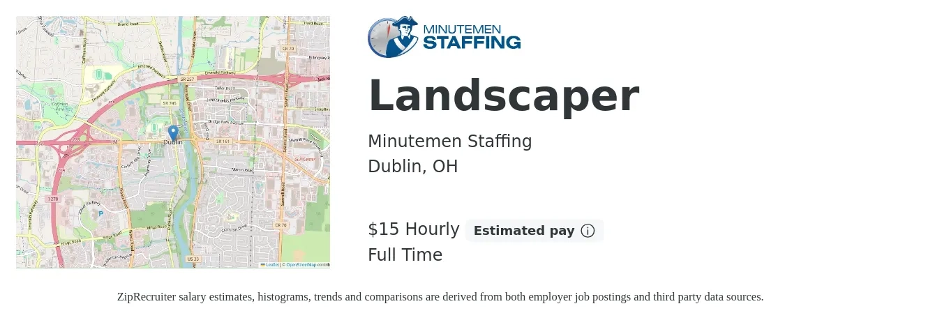 Minutemen Staffing job posting for a Landscaper in Dublin, OH with a salary of $16 Hourly with a map of Dublin location.