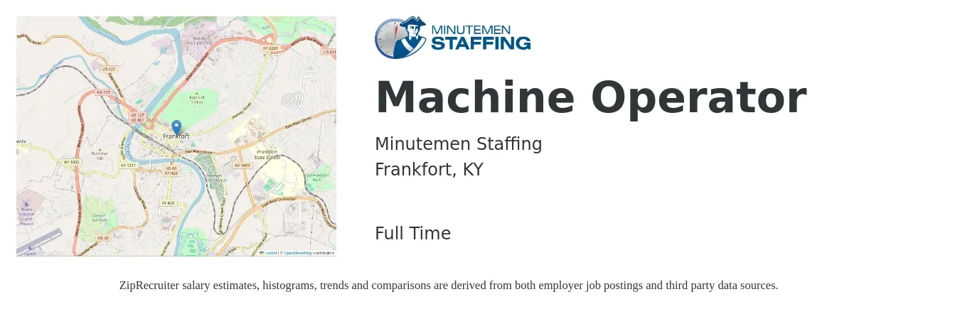 Minutemen Staffing job posting for a Machine Operator in Frankfort, KY with a salary of $15 to $18 Hourly with a map of Frankfort location.