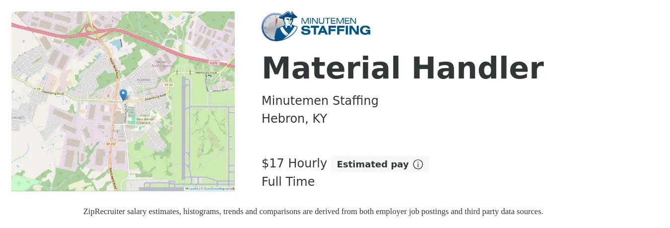 Minutemen Staffing job posting for a Material Handler in Hebron, KY with a salary of $18 Hourly with a map of Hebron location.