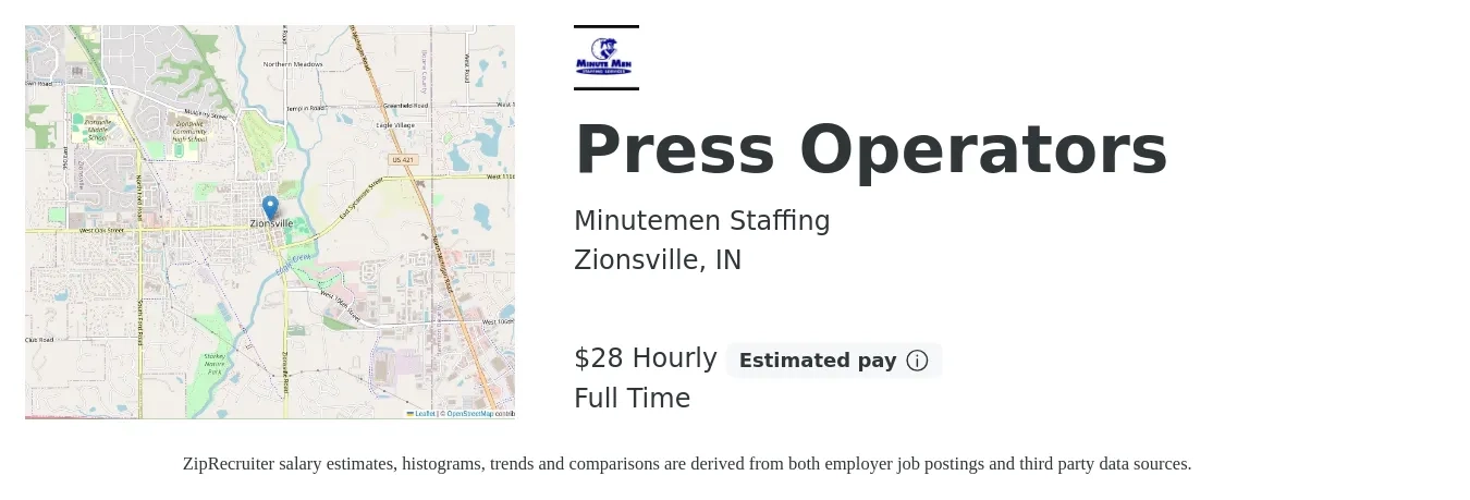 Minutemen Staffing job posting for a Press Operators in Zionsville, IN with a salary of $30 Hourly with a map of Zionsville location.