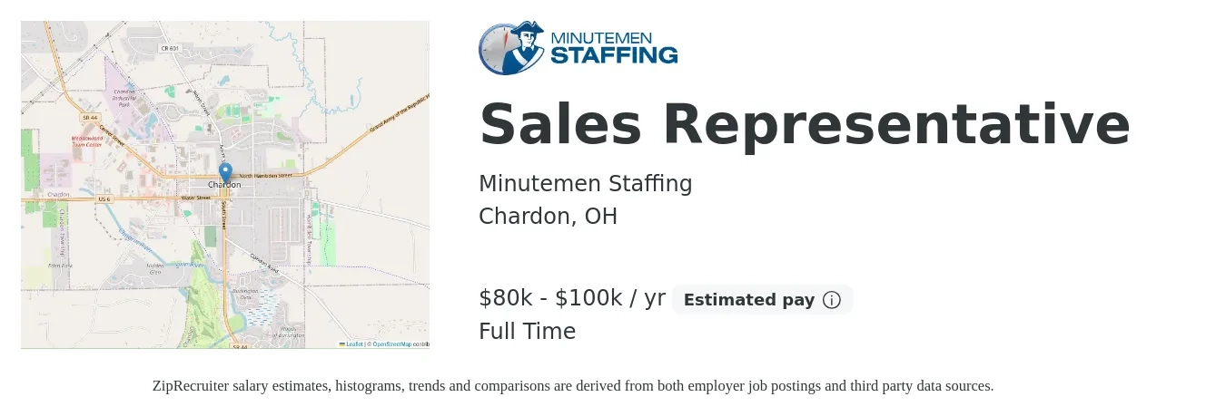 Minutemen Staffing job posting for a Sales Representative in Chardon, OH with a salary of $80,000 to $100,000 Yearly with a map of Chardon location.