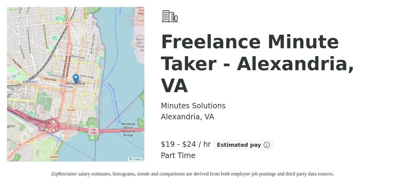 Minutes Solutions job posting for a Freelance Minute Taker - Alexandria, VA in Alexandria, VA with a salary of $20 to $25 Hourly with a map of Alexandria location.
