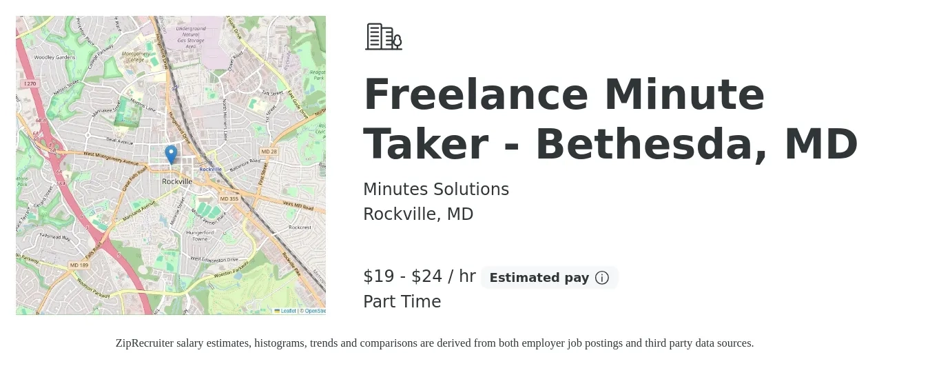 Minutes Solutions job posting for a Freelance Minute Taker - Bethesda, MD in Rockville, MD with a salary of $20 to $25 Hourly with a map of Rockville location.