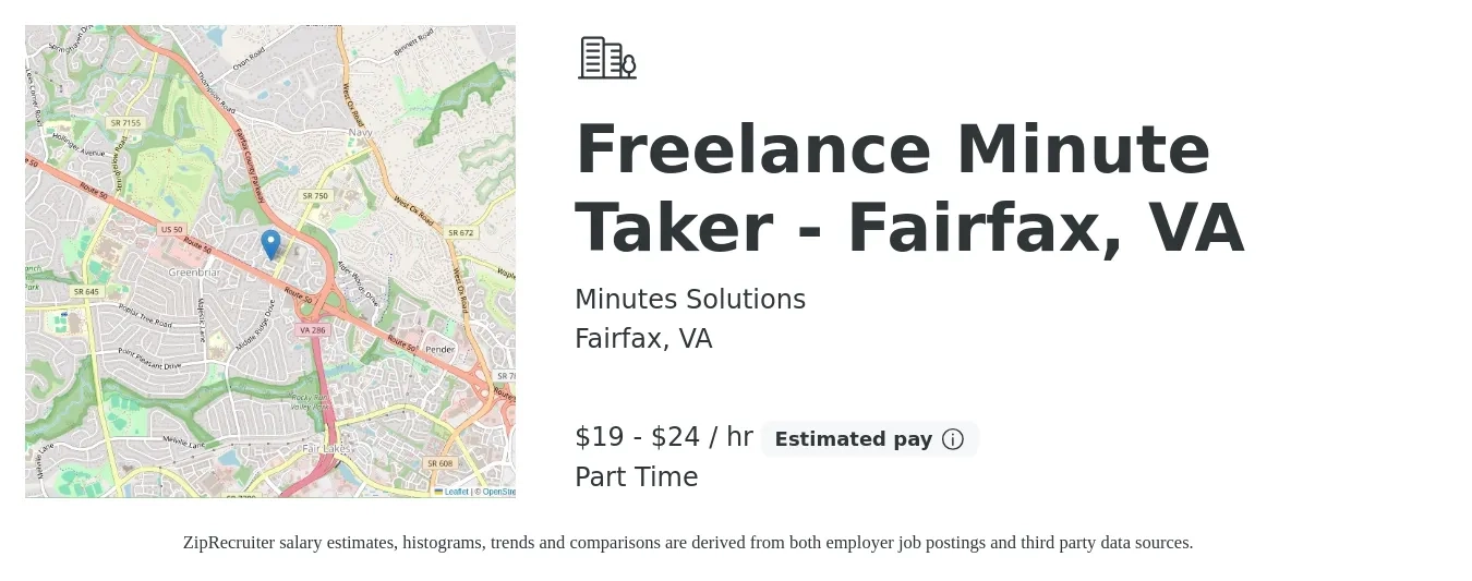 Minutes Solutions job posting for a Freelance Minute Taker - Fairfax, VA in Fairfax, VA with a salary of $20 to $25 Hourly with a map of Fairfax location.
