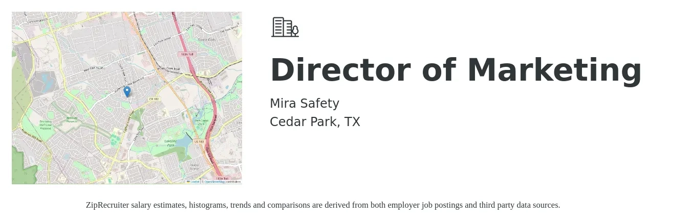 MIRA Safety job posting for a Director of Marketing in Cedar Park, TX with a salary of $67,200 to $123,700 Yearly with a map of Cedar Park location.