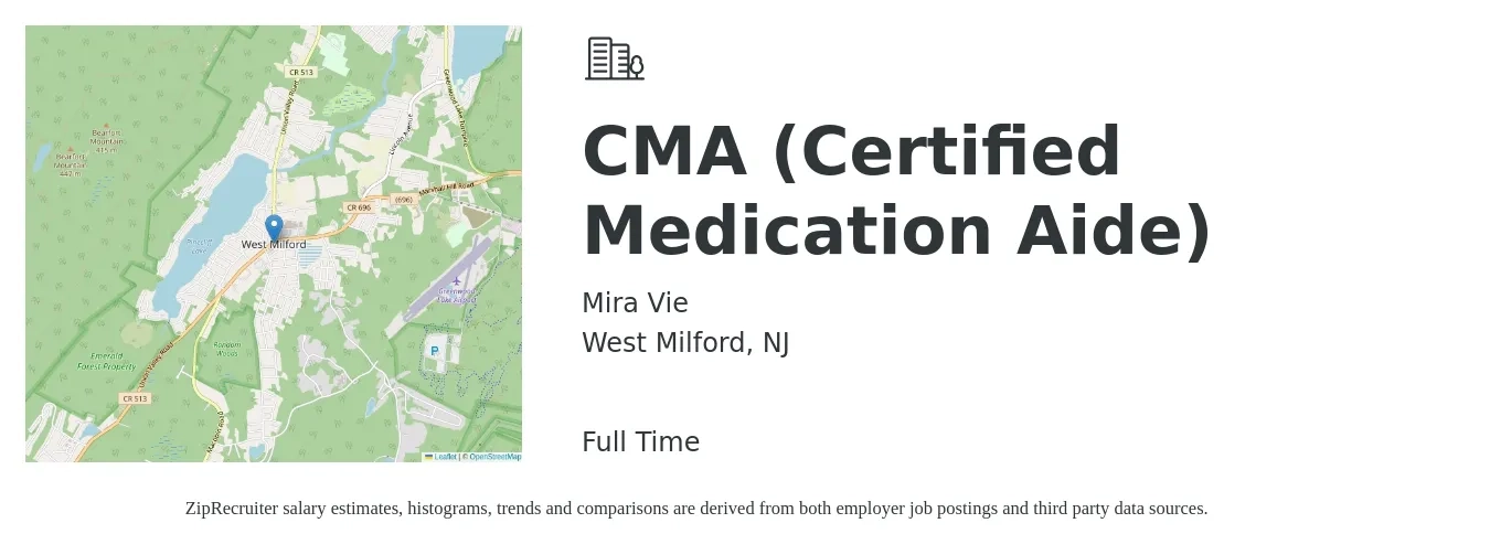 Mira Vie job posting for a CMA (Certified Medication Aide) in West Milford, NJ with a salary of $17 to $21 Hourly with a map of West Milford location.