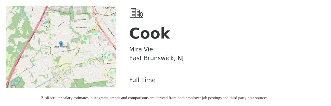 Mira Vie job posting for a Cook in East Brunswick, NJ with a salary of $14 to $19 Hourly with a map of East Brunswick location.