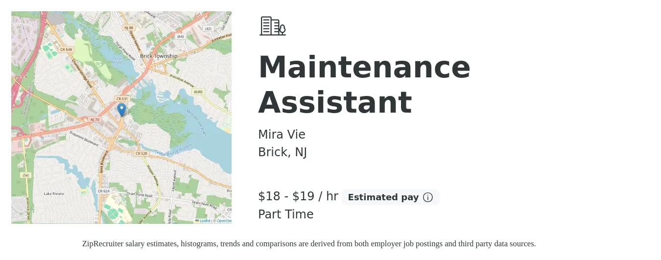 Mira Vie job posting for a Maintenance Assistant in Brick, NJ with a salary of $19 to $20 Hourly with a map of Brick location.