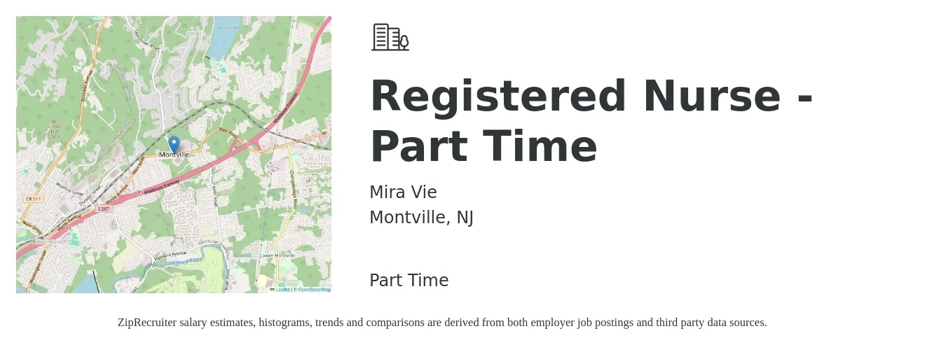 Mira Vie job posting for a Registered Nurse - Part Time in Montville, NJ with a salary of $34 to $54 Hourly with a map of Montville location.