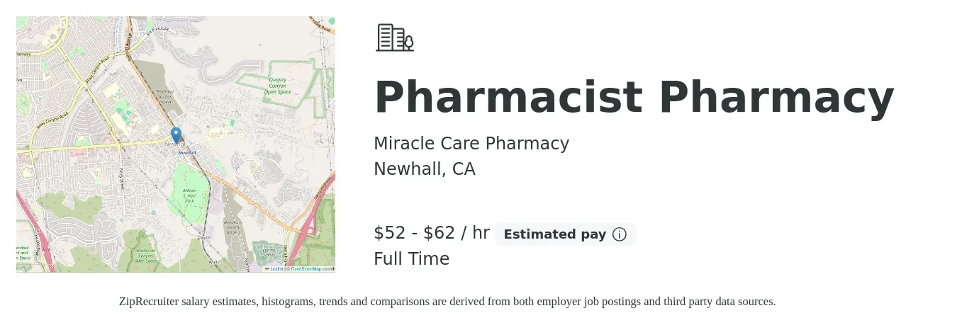 Miracle Care Pharmacy job posting for a Pharmacist Pharmacy in Newhall, CA with a salary of $55 to $65 Hourly with a map of Newhall location.