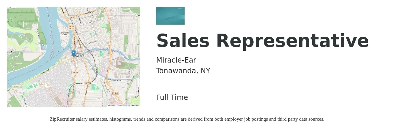 Miracle-Ear job posting for a Sales Representative in Tonawanda, NY with a salary of $50,100 to $87,000 Yearly with a map of Tonawanda location.
