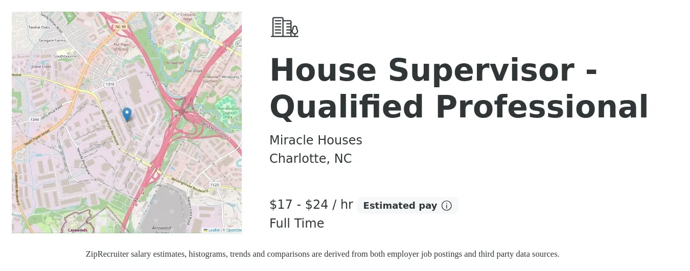 Miracle Houses job posting for a House Supervisor - Qualified Professional in Charlotte, NC with a salary of $18 to $25 Hourly with a map of Charlotte location.