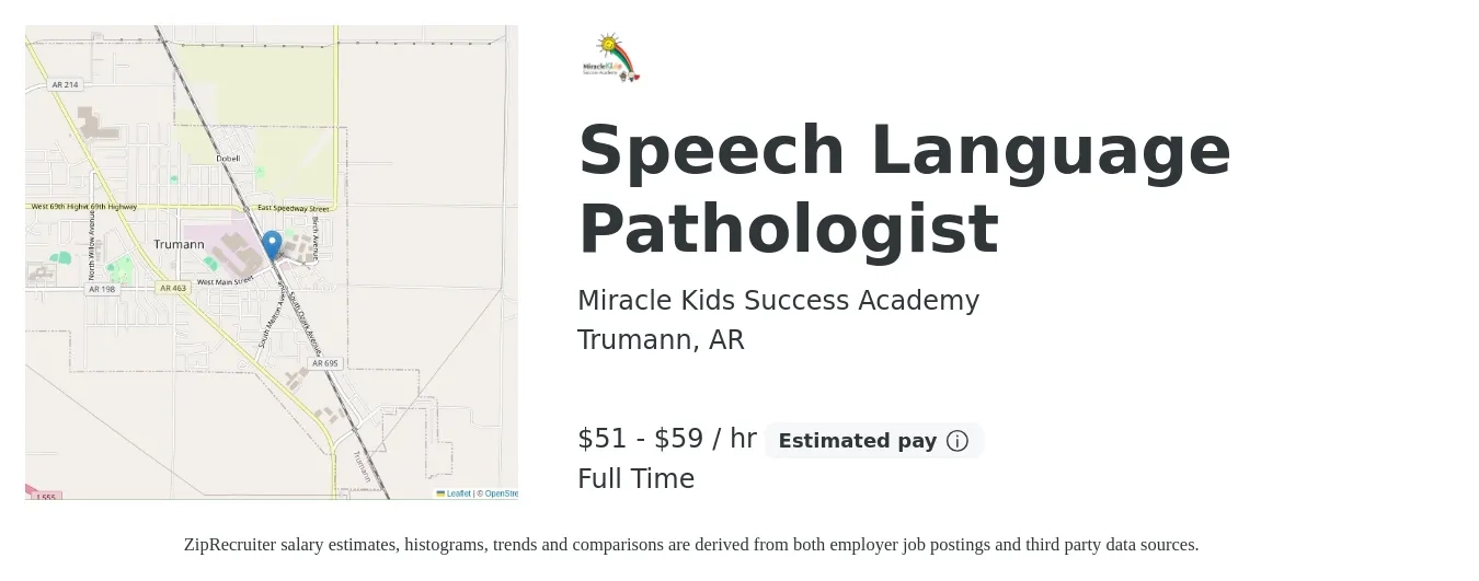 Miracle Kids Success Academy job posting for a Speech Language Pathologist in Trumann, AR with a salary of $54 to $62 Hourly with a map of Trumann location.