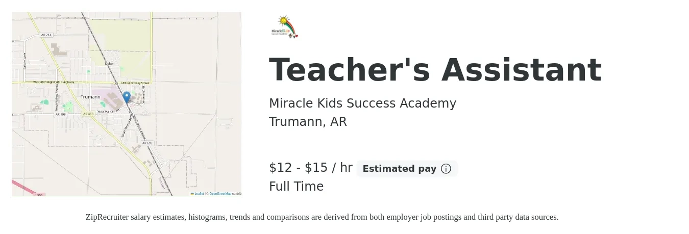 Miracle Kids Success Academy job posting for a Teacher's Assistant in Trumann, AR with a salary of $14 to $16 Hourly with a map of Trumann location.