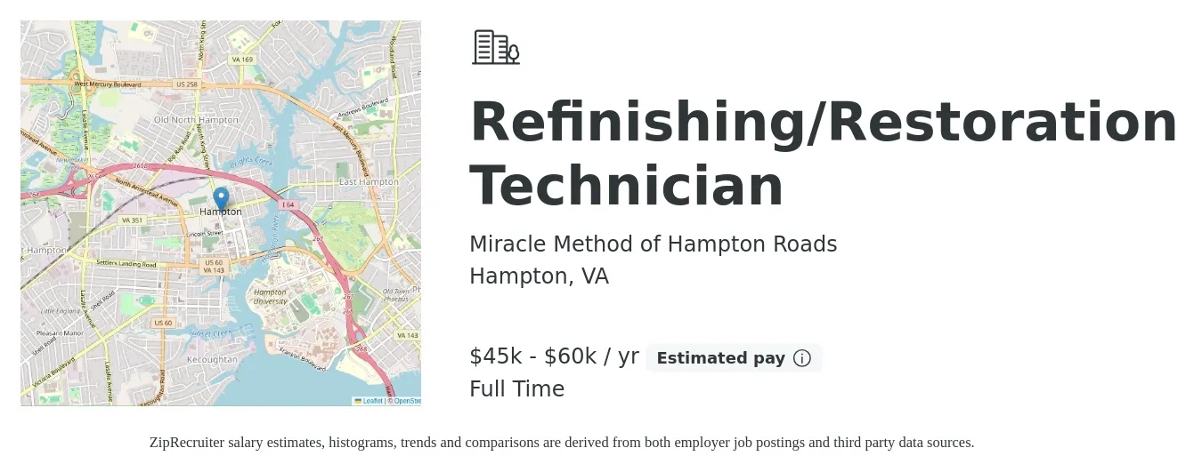 Miracle Method of Hampton Roads job posting for a Refinishing/Restoration Technician in Hampton, VA with a salary of $45,000 to $60,000 Yearly with a map of Hampton location.