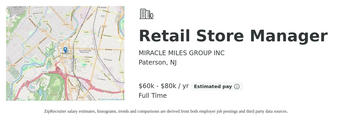 MIRACLE MILES GROUP INC job posting for a Retail Store Manager in Paterson, NJ with a salary of $60,000 to $80,000 Yearly with a map of Paterson location.