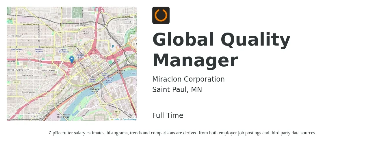 Miraclon Corporation job posting for a Global Quality Manager in Saint Paul, MN with a salary of $72,100 to $112,500 Yearly with a map of Saint Paul location.
