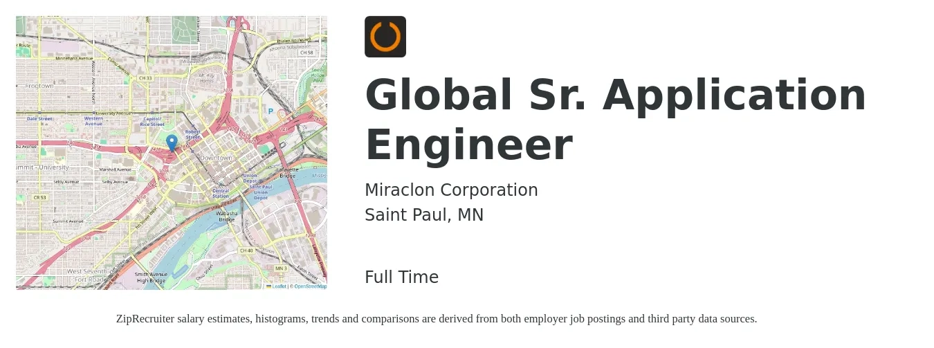 Miraclon Corporation job posting for a Global Sr. Application Engineer in Saint Paul, MN with a salary of $110,500 to $147,800 Yearly with a map of Saint Paul location.