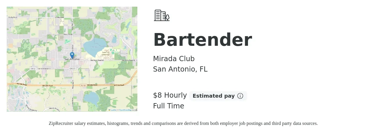 Mirada Club job posting for a Bartender in San Antonio, FL with a salary of $9 Hourly with a map of San Antonio location.