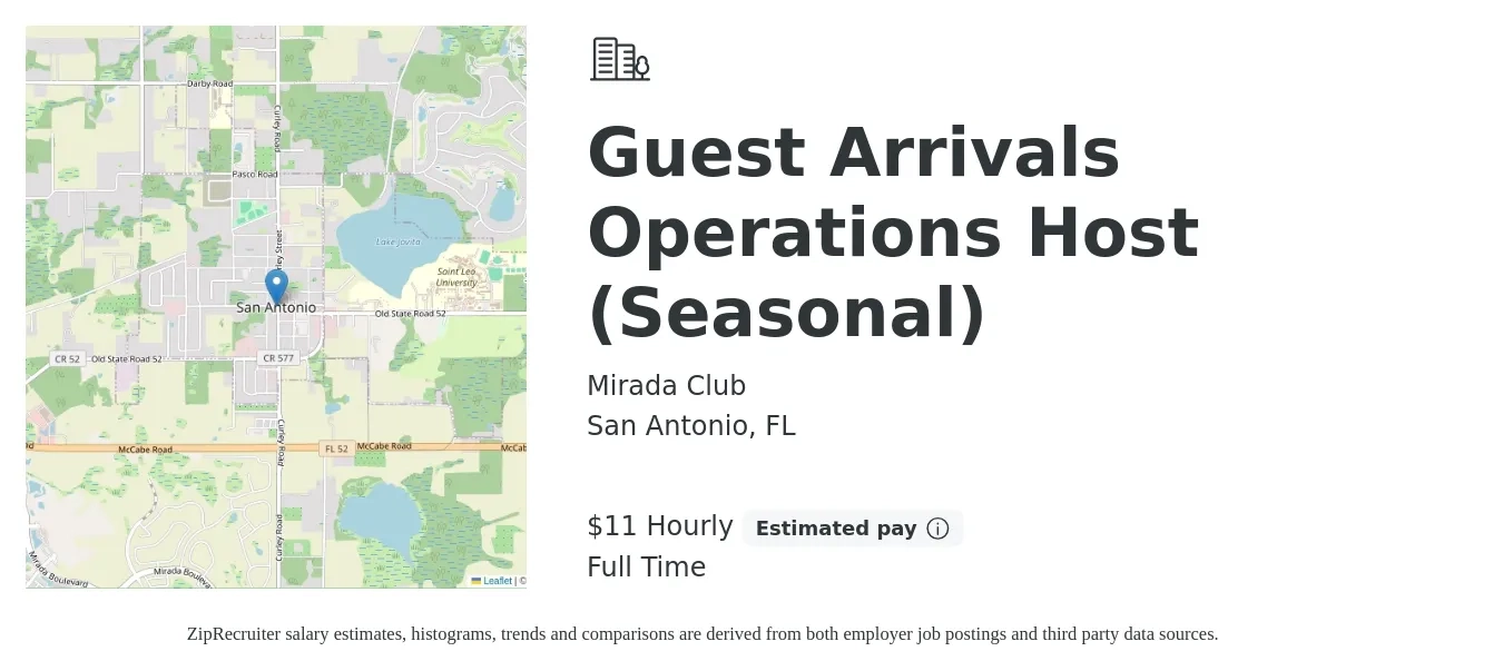 Mirada Club job posting for a Guest Arrivals Operations Host (Seasonal) in San Antonio, FL with a salary of $12 Hourly with a map of San Antonio location.