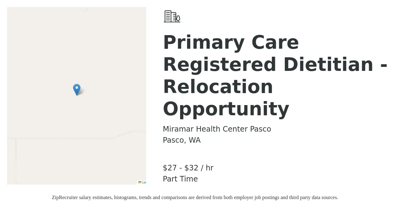 Miramar Health Center Pasco job posting for a Primary Care Registered Dietitian - Relocation Opportunity in Pasco, WA with a salary of $29 to $34 Hourly with a map of Pasco location.