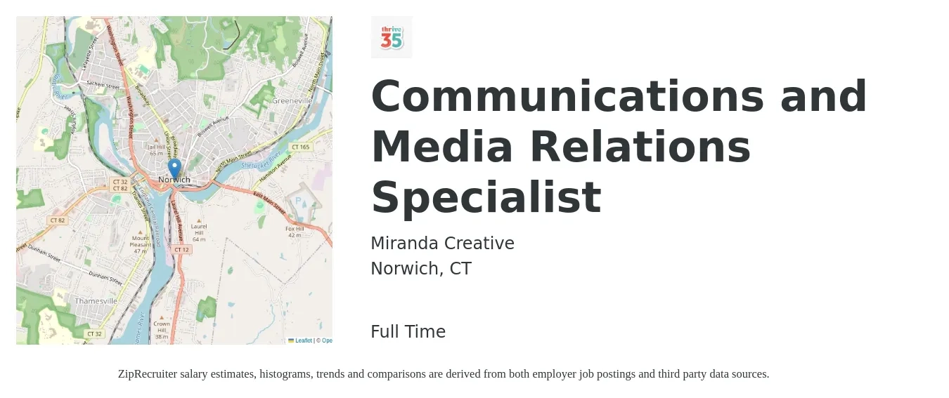 Miranda Creative job posting for a Communications and Media Relations Specialist in Norwich, CT with a salary of $52,100 to $74,100 Yearly with a map of Norwich location.